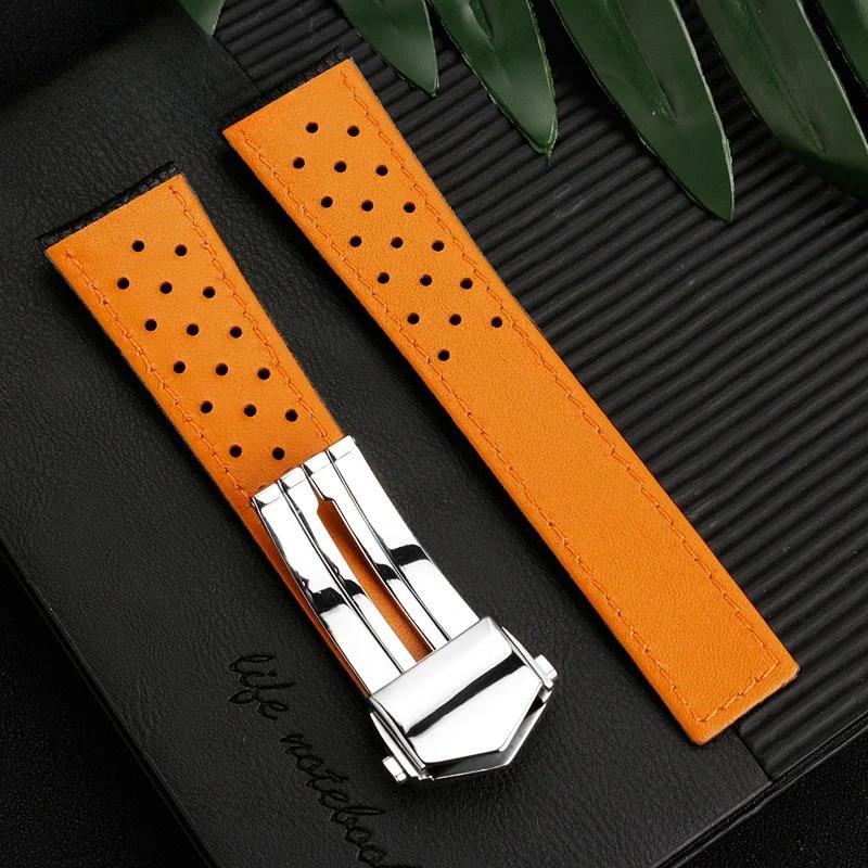 For TagHeuer Genuine Leather Solid Stainless Steel Fold Buckle Monaco Series Classic Blue Orange Line Cowhide 22mm Watch Strap