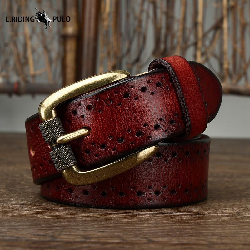 Retro Fashion Personality Trend All-match Hollow First Layer Cowhide Pin Buckle Belt Men's Genuine Leather Jeans Belt