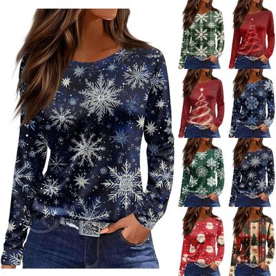 Long Sleeve Women's Tops Floral Print Vintage Fashion Casual Loose With R-Neck Plus Size Shirts Christmas