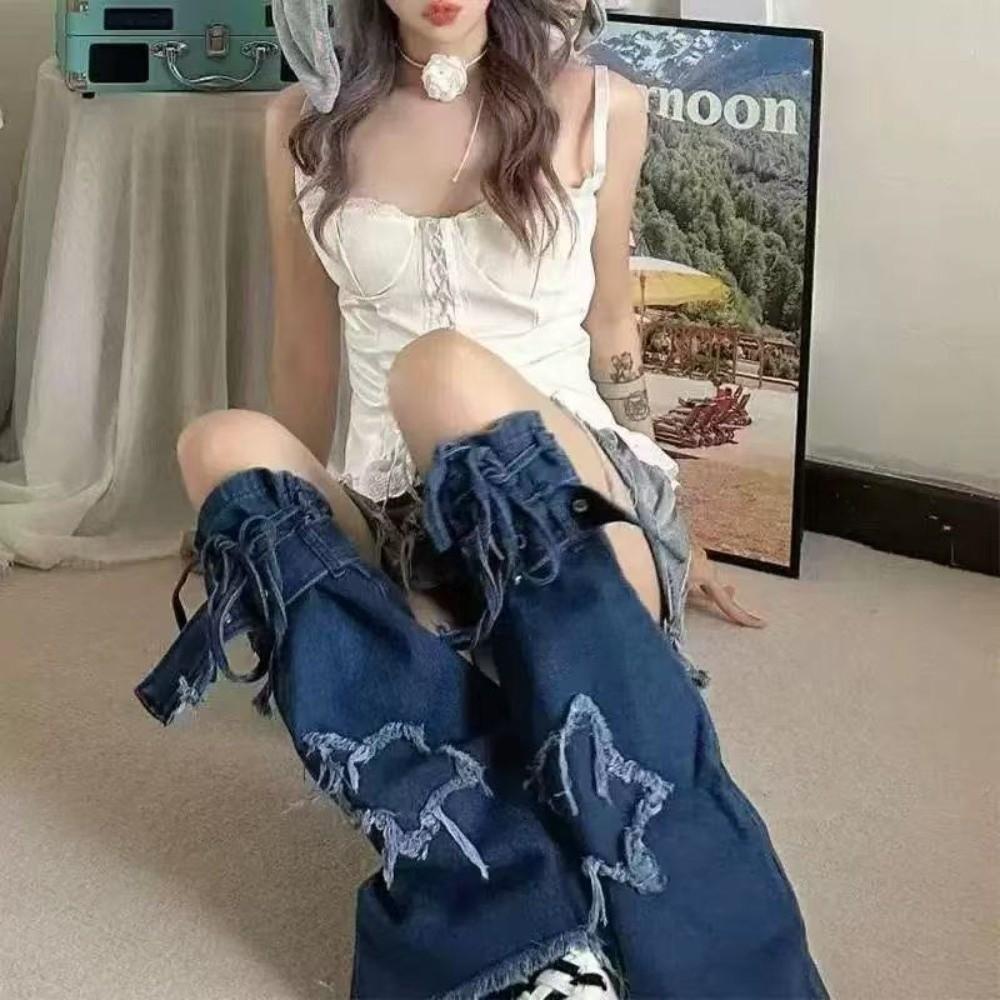 Japanese JK Lolita Y2K Denim Leg Warmers Denim Cloth Long Stockings Cross Trumpet Leg Covers  Women