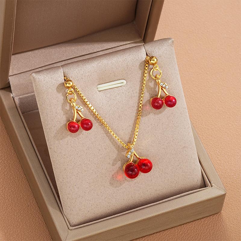 Red Cherry Pendant Necklace Stud Earrings Set Women'S  Fruit Necklace Earrings Jewery Set For Party Wedding Girls Gifts