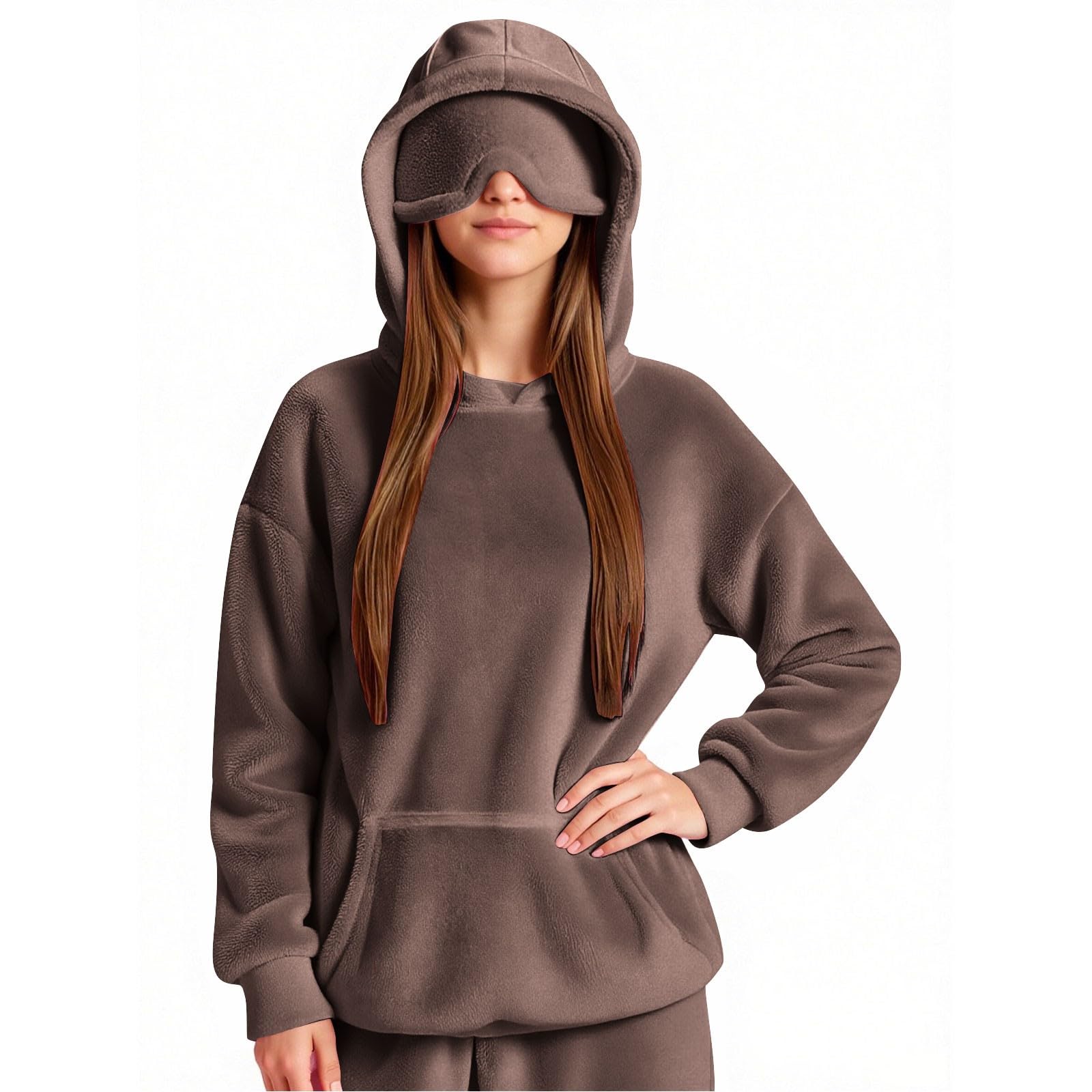 

Женская удобная пушистая толстовка с капюшоном и длинными рукавами с маской для глаз L коричневый