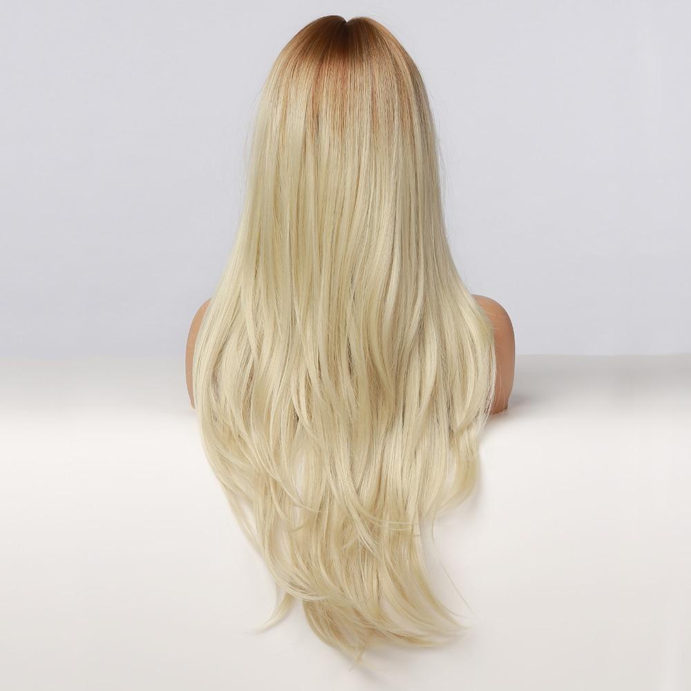Long Light Blonde Ombre Synthetic Wigs Natural Wave Layered Wigs for Women Wigs with Bangs Heat Resistant Cosplay Wig