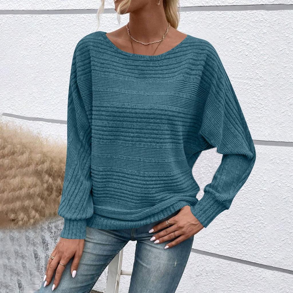 Women's Fashionable Solid Color Round Neck Long Sleeved Casual Pullover T-shirt Top