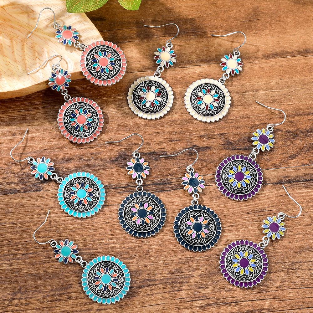 12 Colors Ethnic Vintage Enamel Sun Flower Earrings for Women Elegant Fresh Dangle Earrings Boho Vacation Party Jewelry