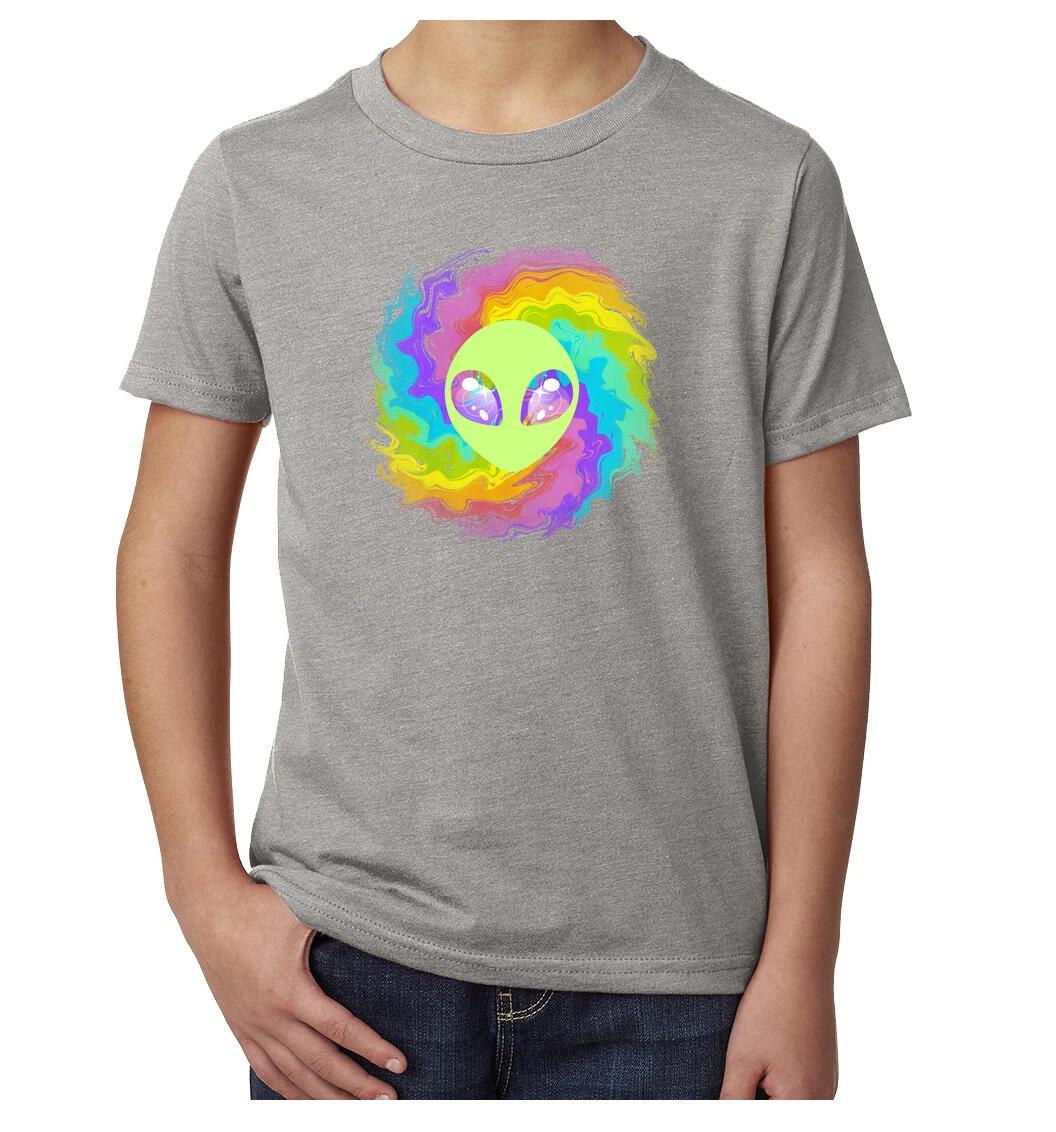 Trippy Tie-Dye Alien, Funny Graphic Tees, Alien Kid s Tops! L