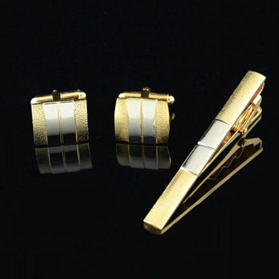Men's Frosted Silver Gold Plated Cufflinks Tie Bar Clasp Clip Set Business Gift