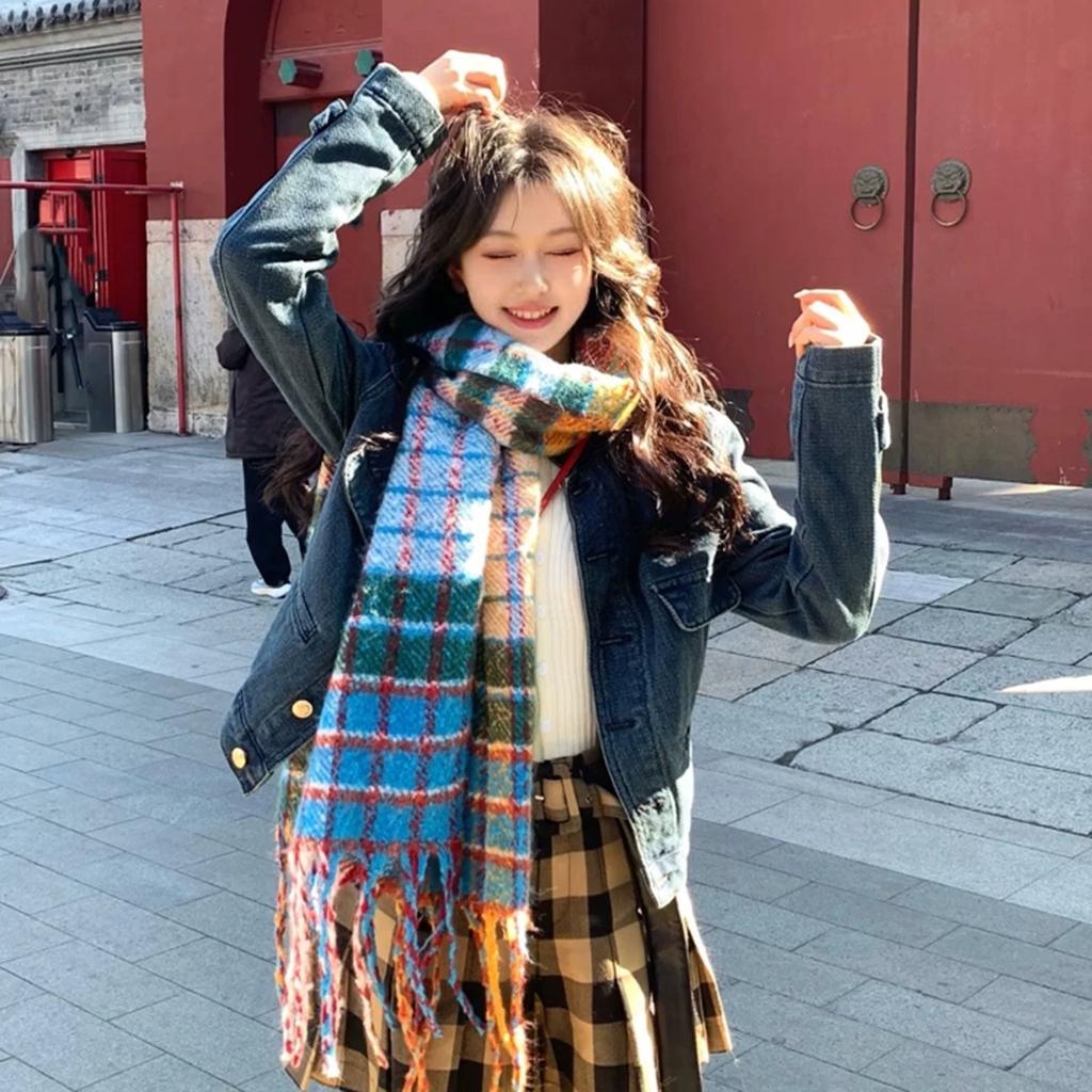 Mohair plaid scarf women's winter sea salt milk coffee blue thickened atmosphere warm student shawl scarf