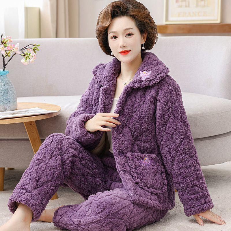 Autumn Winter Women's Padded Thick Coral Fleece Coat and Pants Two-piece Warm Pajamas Set Loungewear