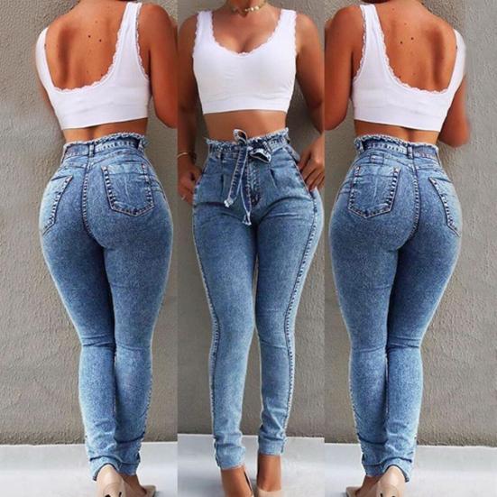 Damen High Waist Quasten Gürtel Slim Stretch Jeans Denim Leggings Bleistifthose