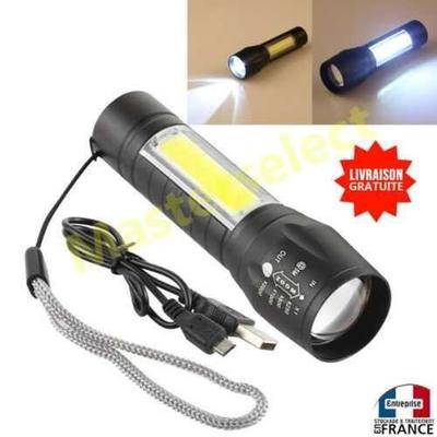 Lanterna - Recarregável por USB - Cor preta - Potente COB XPE - Uso externo