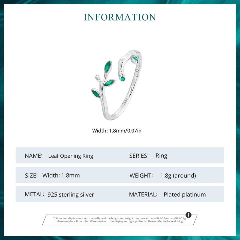 BAMOER 925 Sterling Silver Green Leaf Opening Ring Twig Adjustable Ring for Women Plated Platinum Fine Jewelry Gift