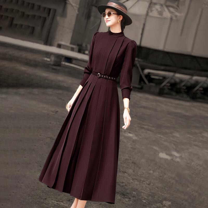 Lanser Elegant Stand Collar Long Sleeve Pleated Midi Dress XL