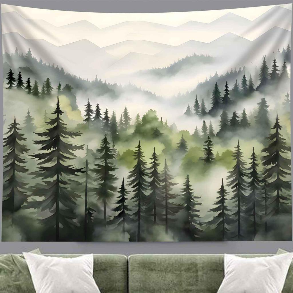 TUGCAY Misty Mountain Forest Tapestry, Green Nature Foggy Watercolor Tree Tapestries Landscape Scenery Tapestry Wall Hanging for Bedroom Living Room