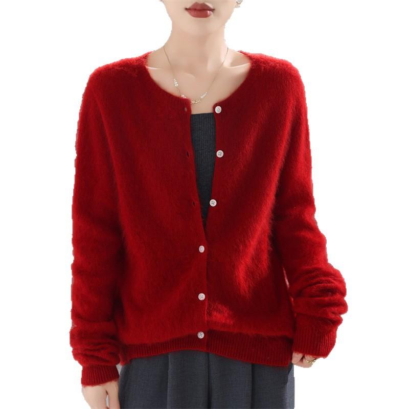 New Brushed Crew Neck Cardigan Solid Color Knitted Wool Sweater Women'S Brushed Jacket Loose Versatile Knitted Sweater