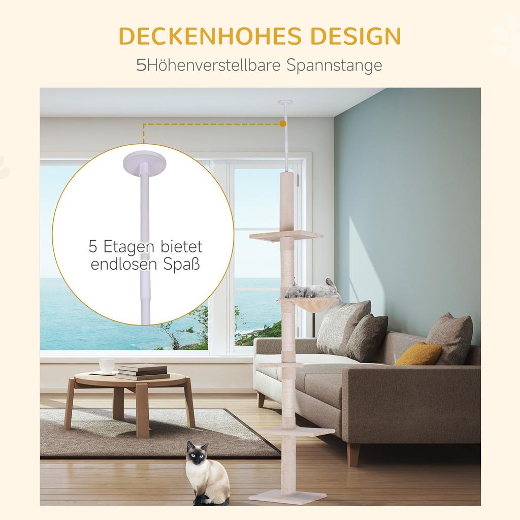 Floor To Ceiling Cat Tree 230-260cm Height Adjustable, 5-Tier Cat Tower with Scratching Posts, Hammock, Perches
