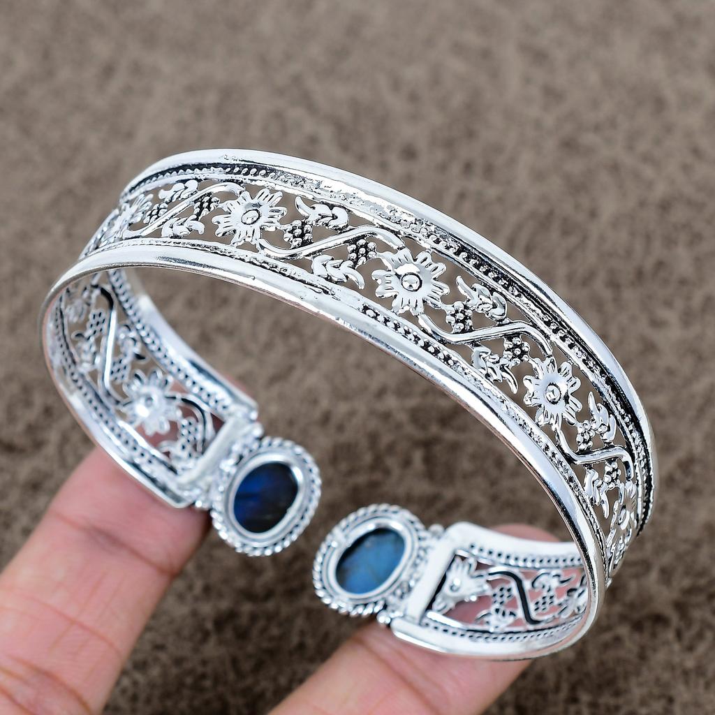 Labradorite Gemstone Handmade 925 Sterling Silver Cuff Bangle Adjustable KKG-769