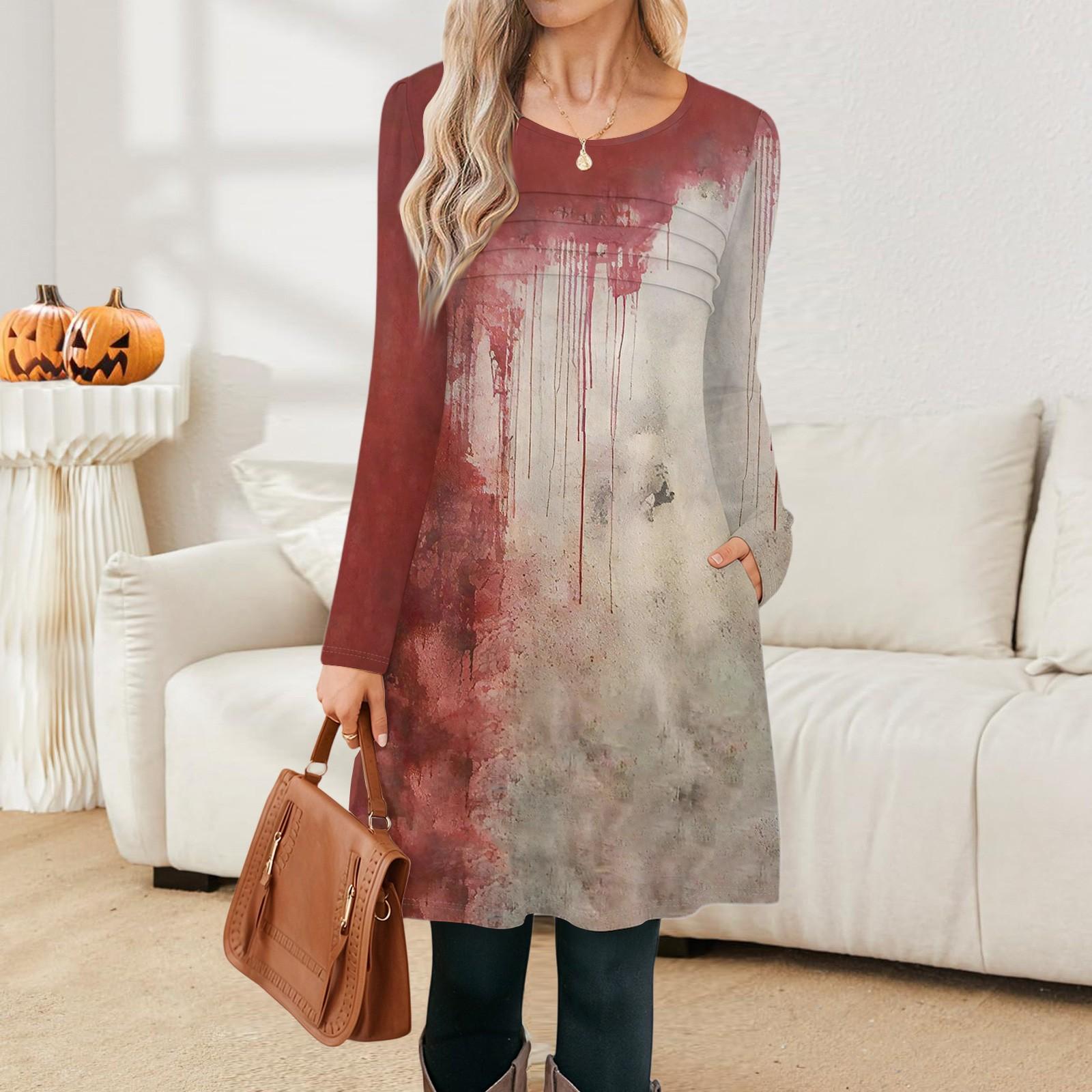 

Женские повседневные модные платья с длинным рукавом, винтажные, с принтом графики на Хэллоуин и карманами XXL