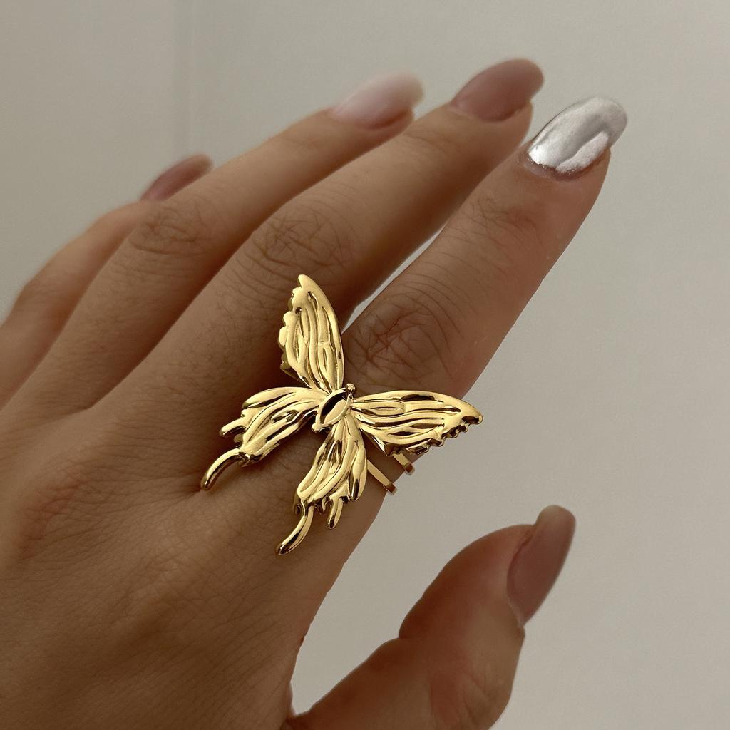 Stainless Steel Gold Plated Rings For Women Hammered Textured Love Heart Butterfly Irregular Wide Open Finger Ring Boho Jewelry