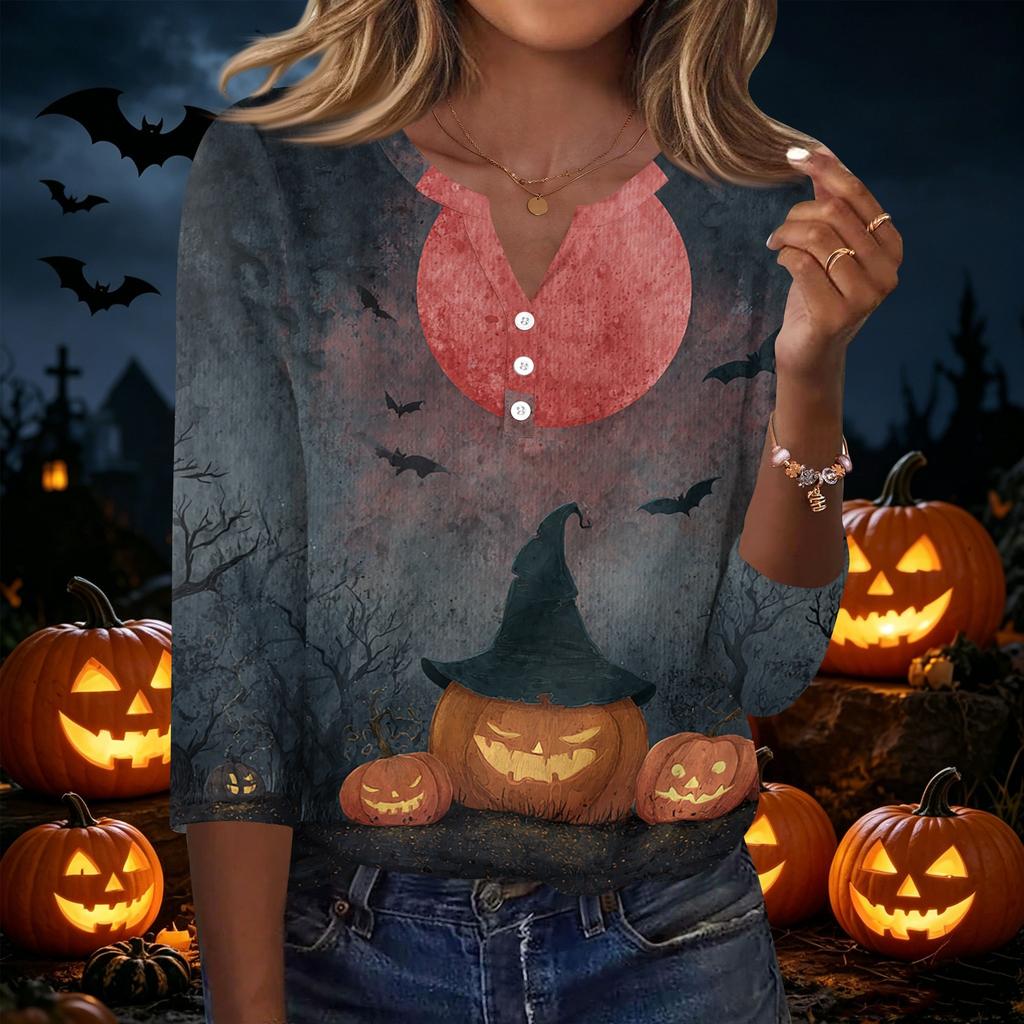 Women's Casual Halloween Print V Neck Button Front Three Quarter Sleeve T Shirt Top Lightweight Soft Fabric Comfortable Fit