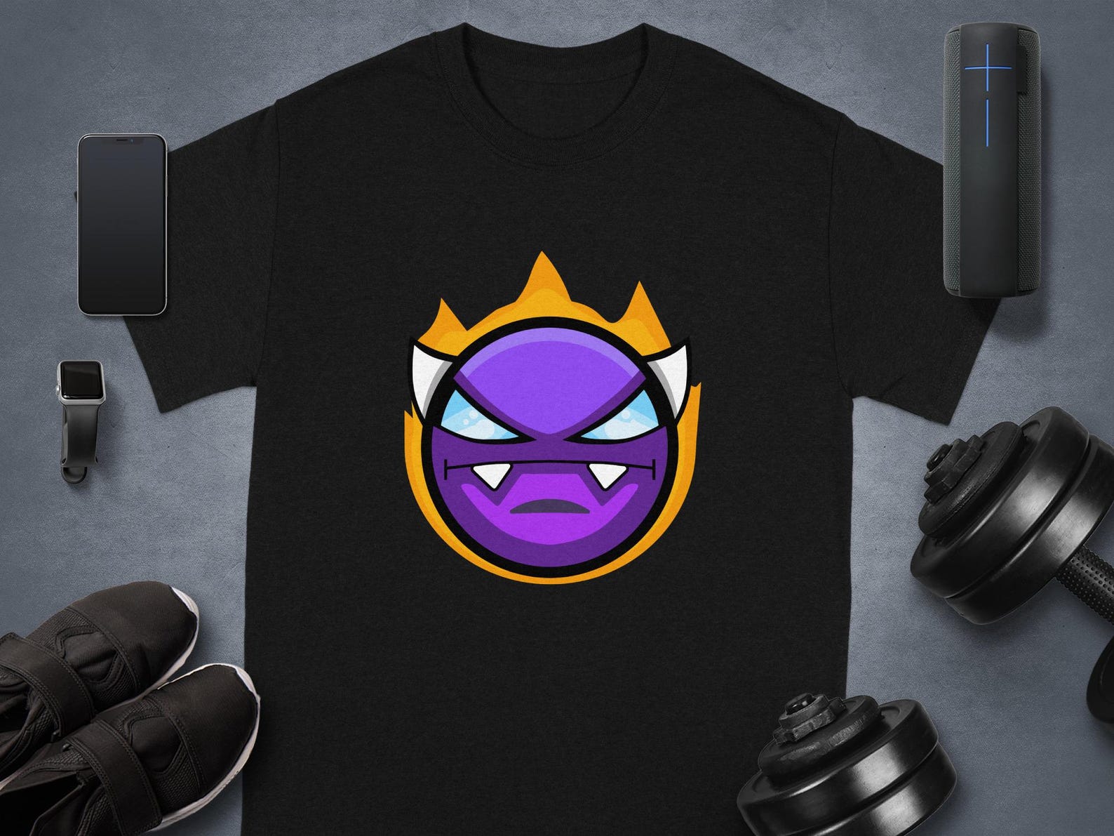 Geometry Dash Monster T-Shirt: Demon Face, Fire Graphic, Purple 2XL