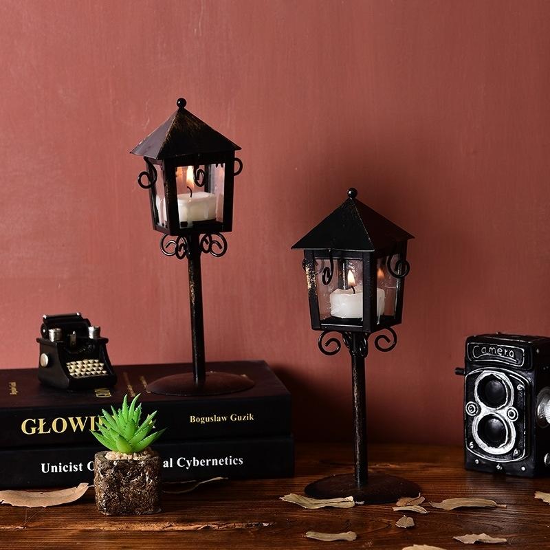 European Retro Wrought Iron Glass Wind Lamp Candle Holder Decoration Creative Wedding Home Decoratio
