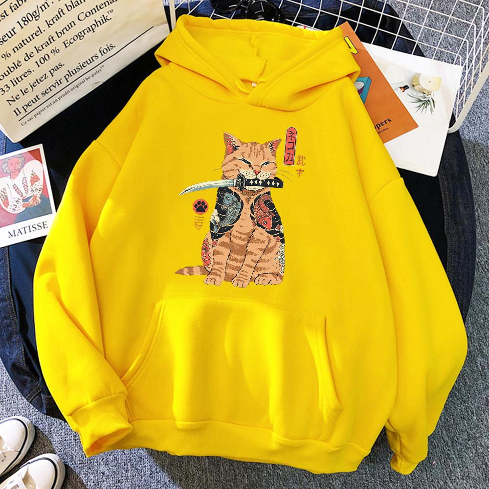 Japanese Cartoons Cat Ukiyo E Print Women Hoodie Hip Hop Fleece Pullovers Creativity Crewneck Clothing Fleece Loose Womens Hoody
