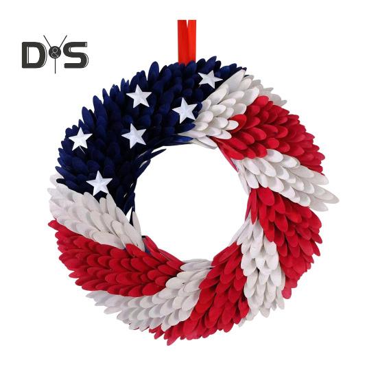 USA Independence Day Patriotic Wreath Red White Blue US Flag Wreath Front Door Wall Hanging Garland Pendant 4th of July Festival Decoration