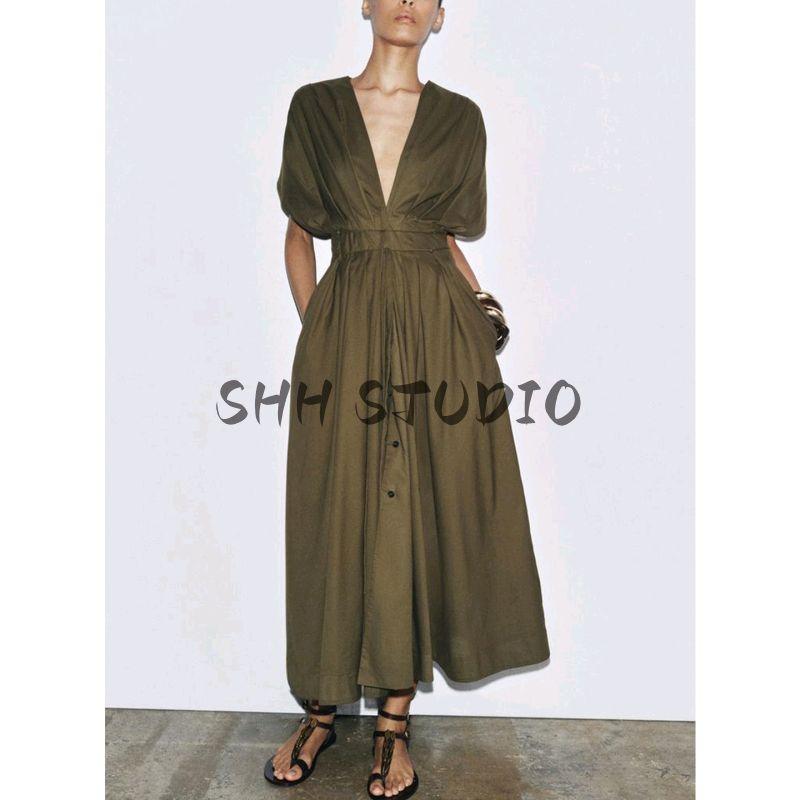 Summer Women's Cotton V Neck Drop Shoulder Short Sleeve Pleated Design Midi Skirt Dress 2965260 2965278