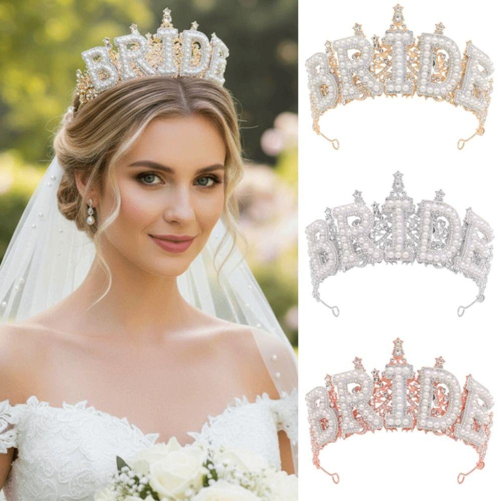 Wedding Decoration White Pearl Letter Crown Shiny Bride Tiara  Bachelorette Party