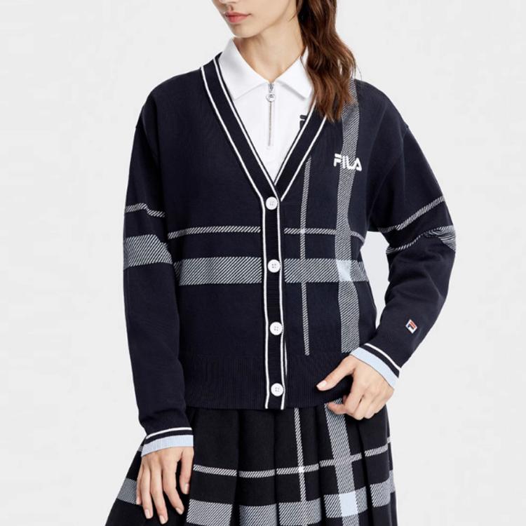 Fila 2023 Autumn New Woven Plaid College Style Pure Cotton Loose V-Neck A-Line Cardigan Tennis Sports Top Knitted Sweater Women Tops A11W333404F-ZA
