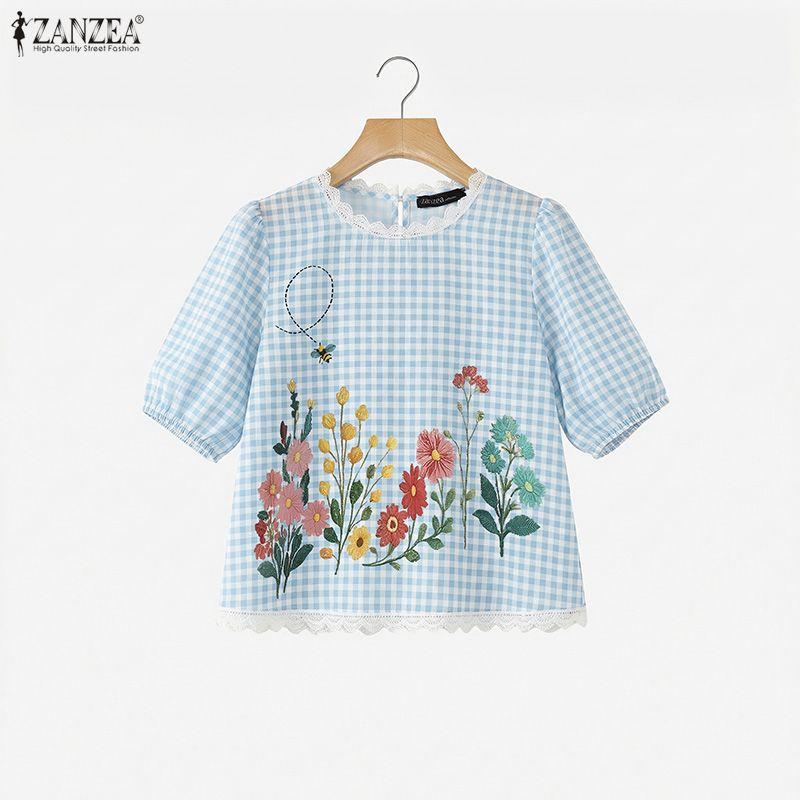 ZANZEA Women Grid Print Casual Round Neck Half Sleeve Blouse