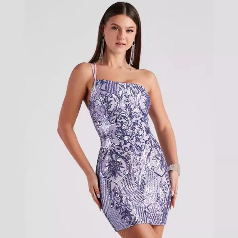 Women Sexy Sequin Spaghetti Strap Slim Fit Bodycon Short Party Dress