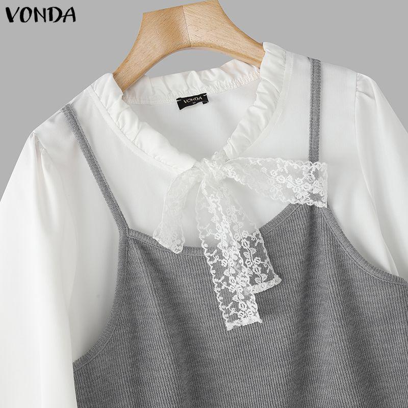 VONDA Women Casual Lace Collar Long Sleeve Fake Two-piece Patchwork Loose Blouse Shirts