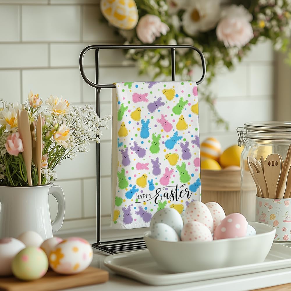 Colorful Bunny Happy Easter Kitchen Towels Set of 2,Hello Peeps Rabbits Dish Hand Towels Farmhouse Indoor Outdoor Holiday Seasonal Decorations DD079