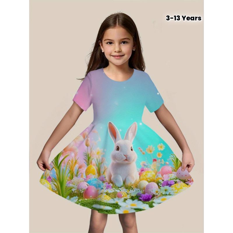 Casual Short-Sleeve Dress for Girls Featuring a 3D Unicorn Print, Perfect for Summer with Cute Cartoon Designs for Toddlers.