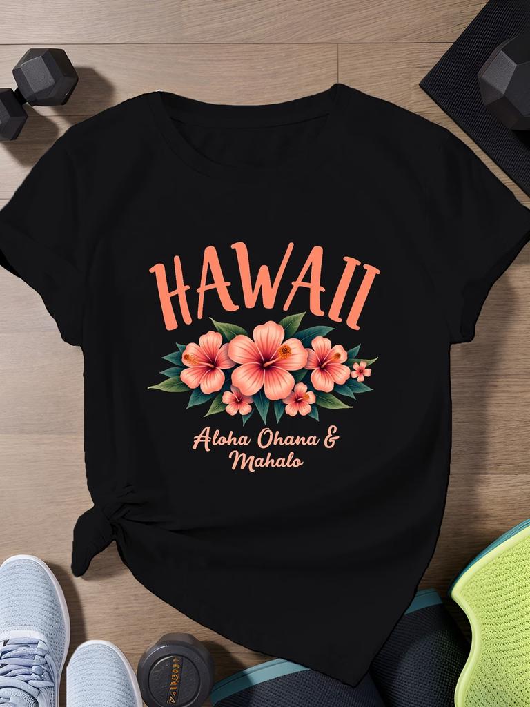 Aloha Hawaiian Hibiscus Flower Print Women T Shirt Casual Short Sleeve O-neck Summer Beach Oversized Tops Women Tropical Tops
