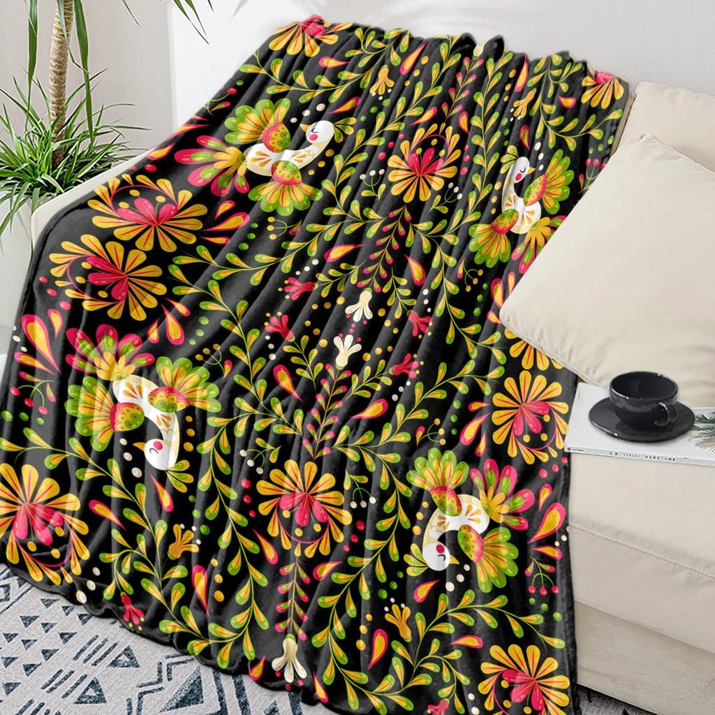 Colorful Mexican Abstract Flower Throw Blanket Warm Flannel for Kids Portable Soft Sofa Bedspread