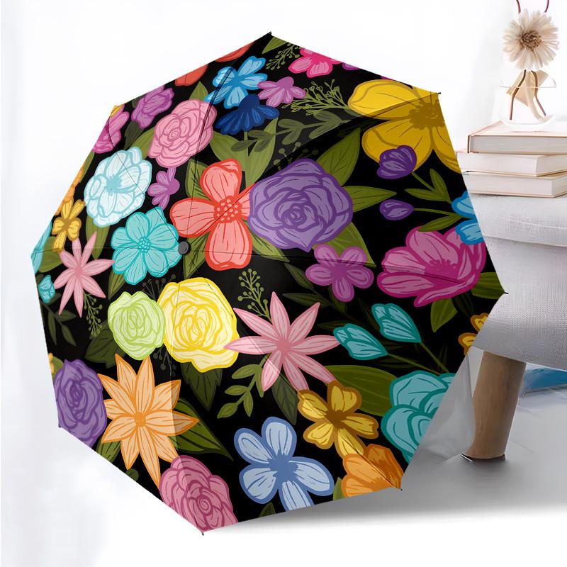 Flowers Florals Themed Folding Umbrella Fashion Auto-Open 8 Iron Ribs Plastic Handle Foldable Sunshade Perfect Christmas Gifts