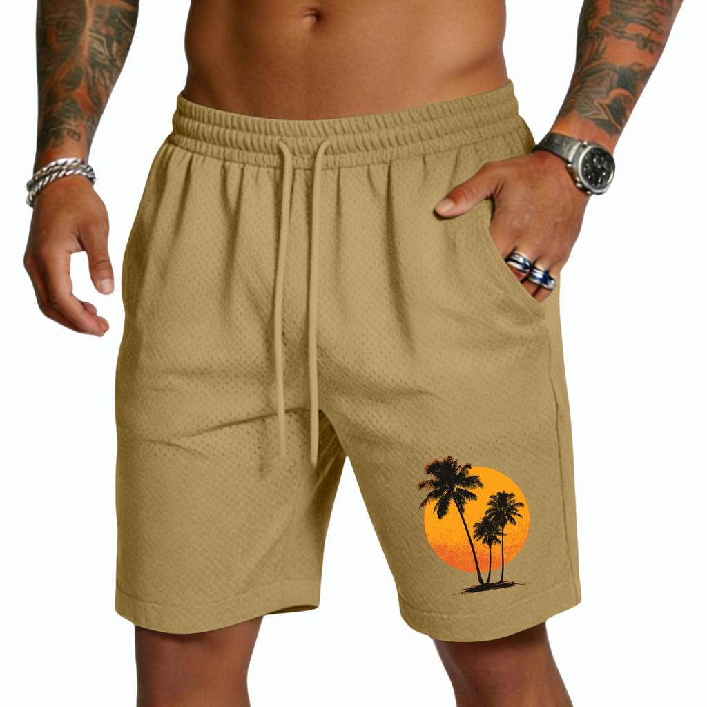 Mens Drawstring Waist Casual Shorts with Tree and Print Relaxed Fit Lightweight Breathable Fabric for Everyday Wear