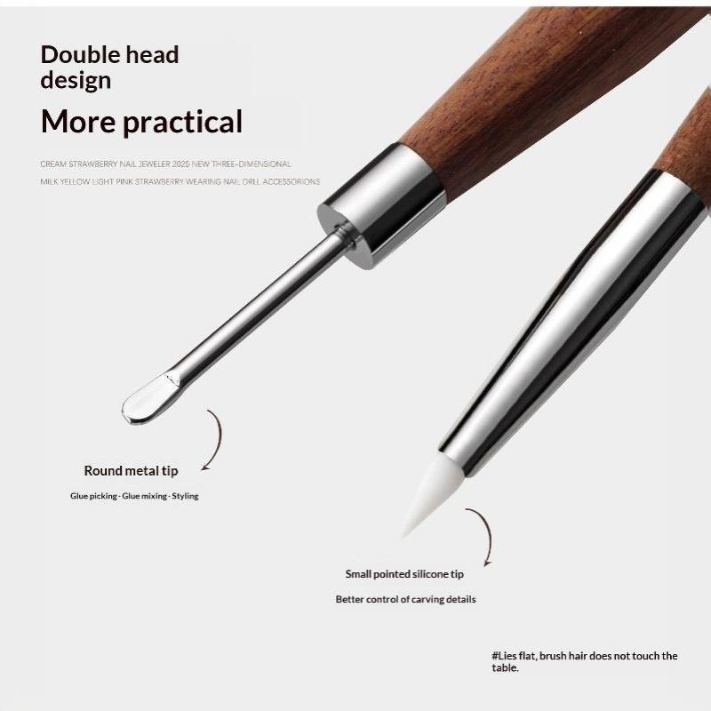 Dual Head Nail Art Flower Painting Brush Silicone Carving Pen Wooden Grip for Manicure Salon Home