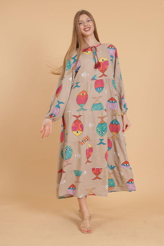 Sukienka damska w dużym rozmiarze z długim rękawem, długa, wzorzysta, tkana