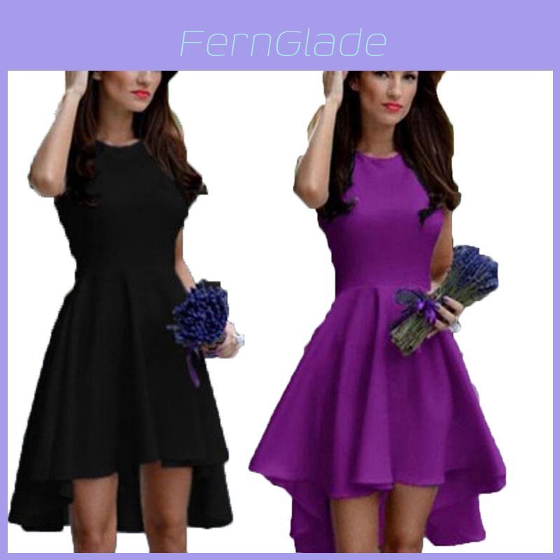 Fashion Women Sleeveless Asymmetric Hem Casual Sundress In Elegant Pure Color