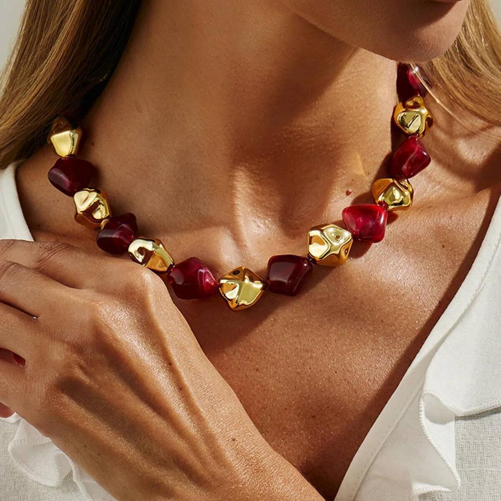 Salircon Boho Resin Acrylic Metal Beaded Necklaces Bracelets Set for Women Vintage Elegant Clavicle Choker Party Jewelry Gifts