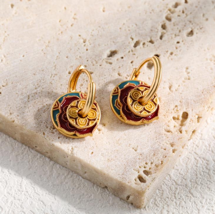 Retro color enamel new Chinese earrings drip glaze circle ethnic style niche light luxury high-end ear jewelry