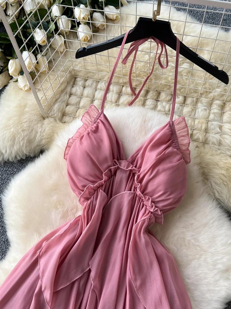 Summer Solid Sweet Vacation Long Dress Women Halter Lace Up Zipper Design Dress Female Sexy Backless Ruffles Beach Ball Gown New