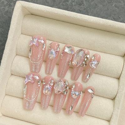 HANDMADE Artificial Nail Light Luxury High-end Romantic Galaxy Full Diamond Phototherapy Nails Fake Nails Reusable and Removable Nails
