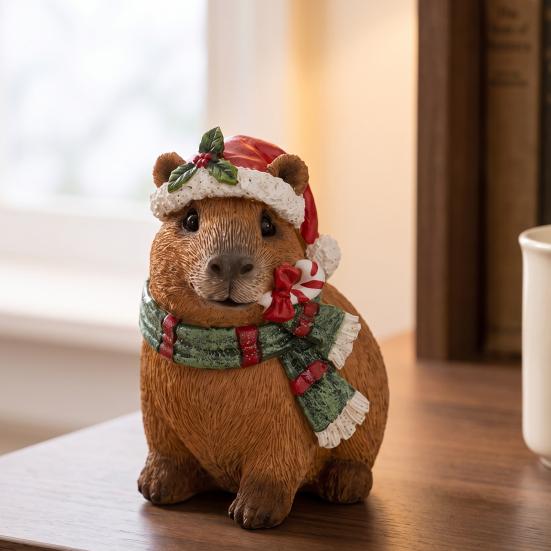 Whimsical Animal Ornaments for Courtyard Christmas Capybara Resin Figurine, Statue with Santa Hat Scarf Wreath, Artistic Crafts Windowsill
