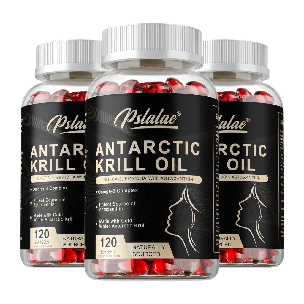 Antarctic Krill Oil Softgels, Omega-3 Supplement; contains EPA, DHA, phospholipids, and astaxanthin; suitable for adults.