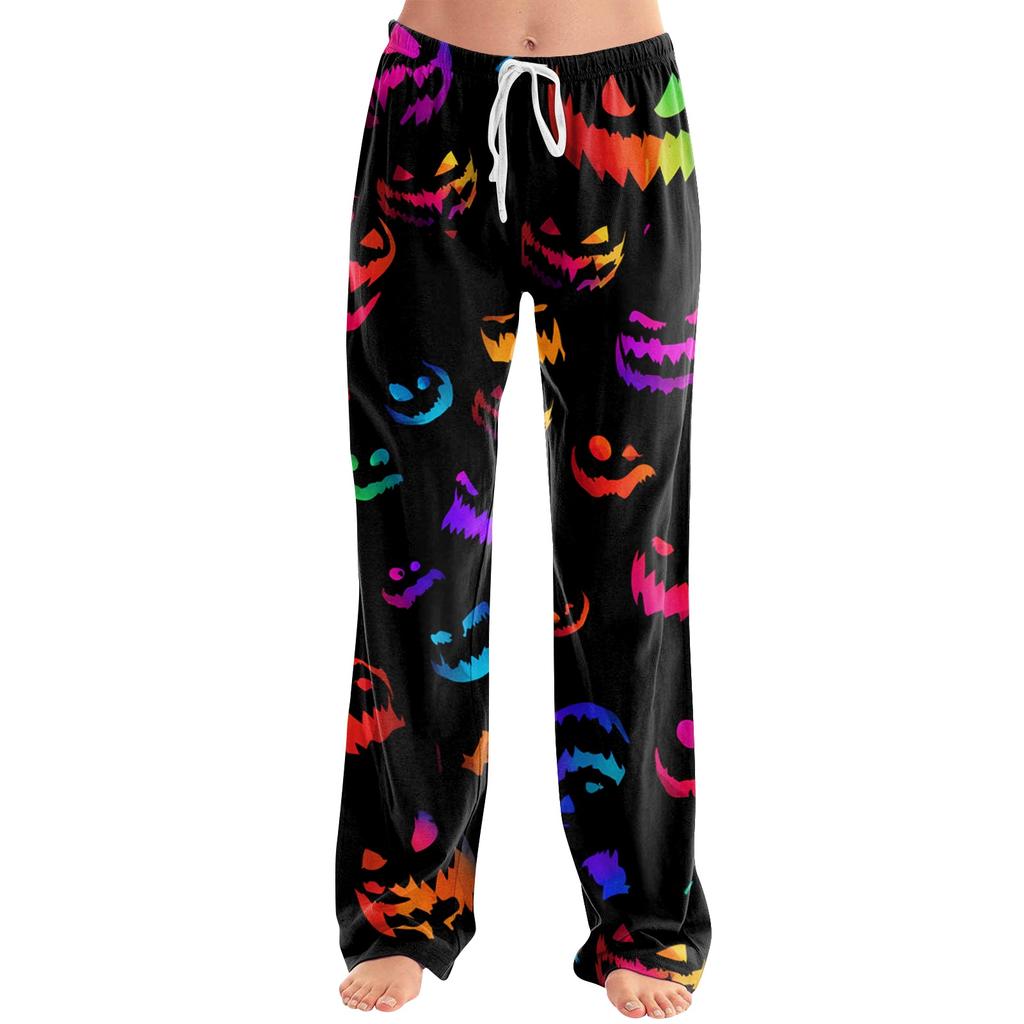 Women Loose Fit Casual Halloween Printed Pants Elastic Waist Relaxed Trousers with Pumpkin Pattern for Daily Wear